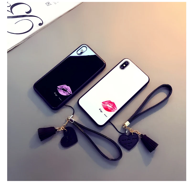 BONVAN чехол для iPhone X XR XS Max 7 case закаленное стекло Жесткий Чехол губы печати кисточкой шнурки чехол на айфон 6 6S 7 8 плюс случай защиты чехлы на телефон