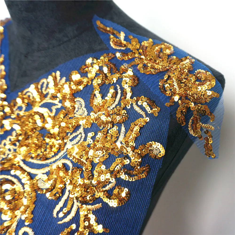 1 комплект Золотая расшитая блестками аппликация синяя сетка Epaulette вышивка