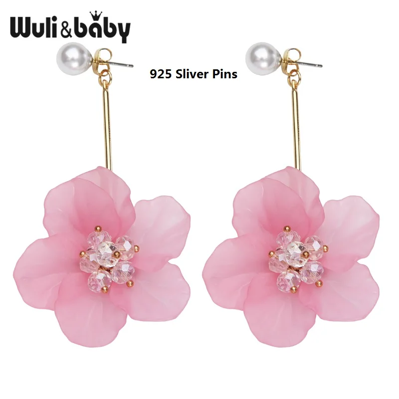 Wuli& baby, S925 шпильки, белые, розовые, акриловые, цветок, висячие серьги для женщин, корейский стиль, висячие серьги