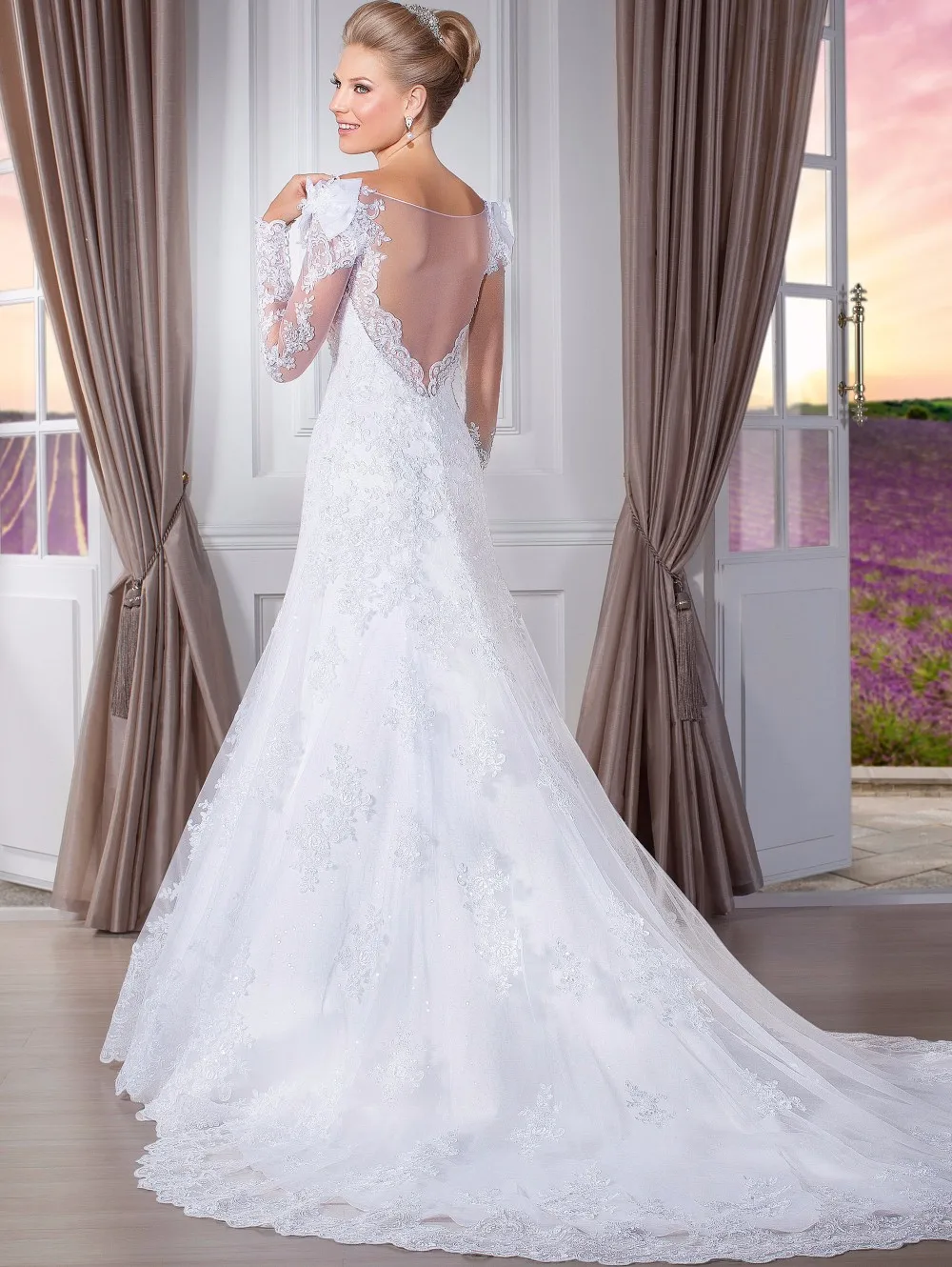 Новая мода 2017 о шея Свадебные Платья русалка бисером аппликации свадебное платье