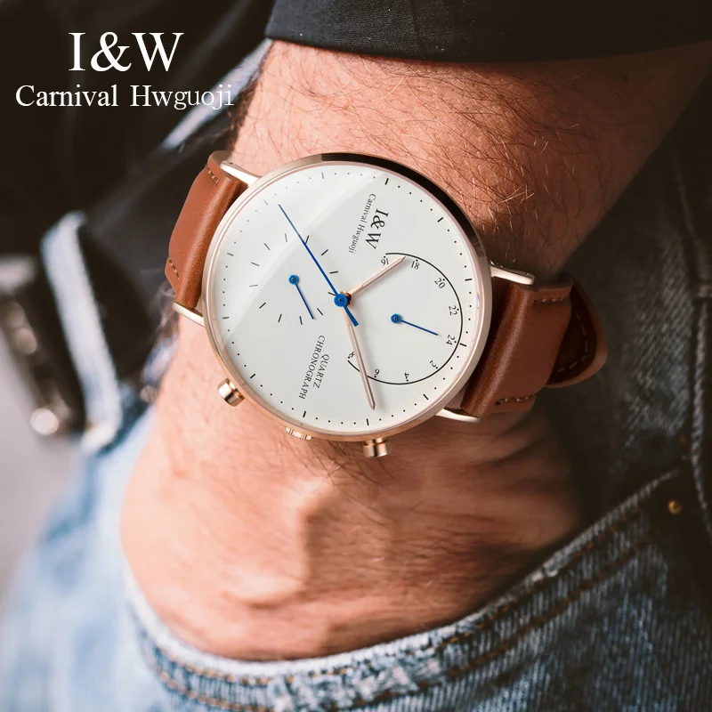 Carnival I & W Ультра тонкие кварцевые часы для мужчин кожаный ремешок хронограф
