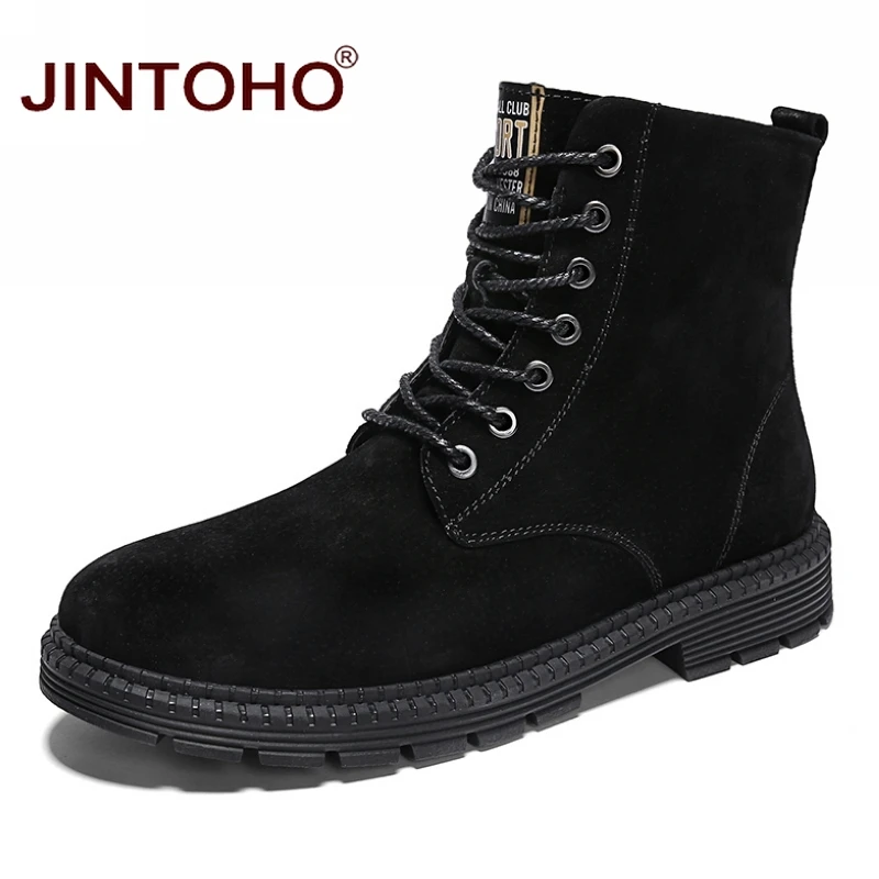 black JINTOHO/мужские зимние ботинки из натуральной кожи; модная мужская зимняя кожаная обувь; кожаные ботинки до середины икры для мужчин; Zapatos De Hombre - Цвет: black