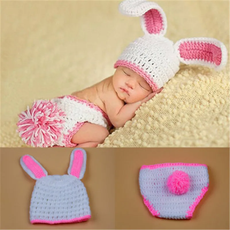 Latest White Rabbit Baby Girl Photography Outfits Crochet Hat Diaper Set Newborn Photographer Prop 1 set | Детская одежда и обувь