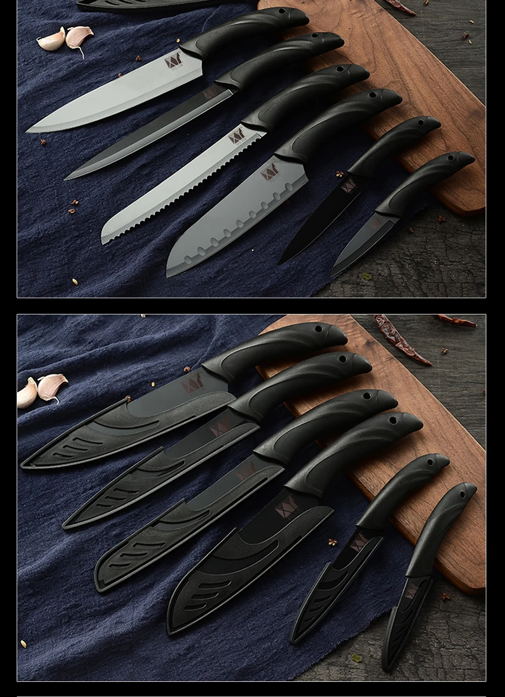 XYj 6 шт. набор шеф-повара для нарезки хлеба Santoku нож для очистки овощей 3Cr13 черное острое лезвие набор кухонных ножей с крышкой лезвия