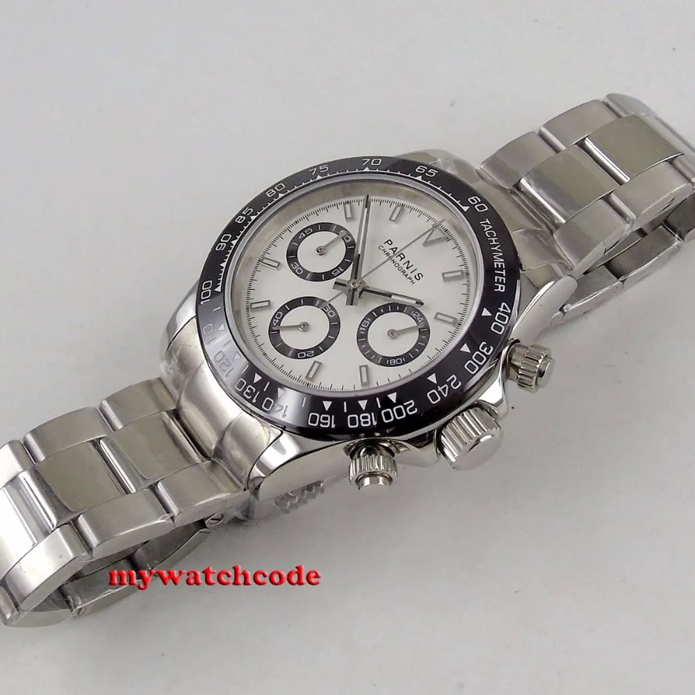 39mm PARNIS white dial sapphire glass solid full Chronograph quartz mens watch P1077 | Наручные часы
