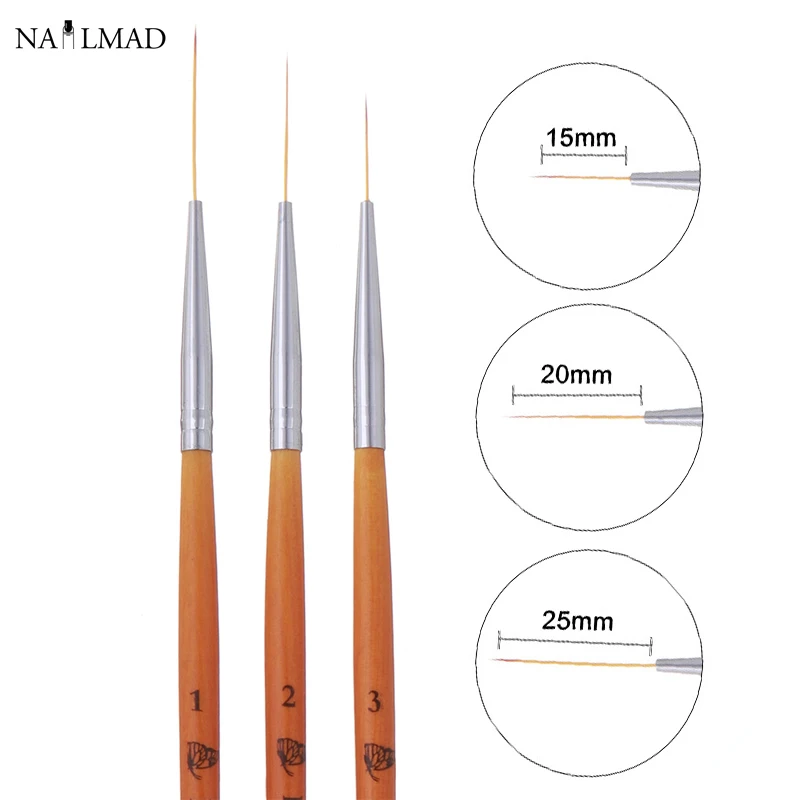 3pc 15/20/25 мм 3 шт Nail Art Кисть для подводки ультра тонкая Кисть деревянной ручкой французский в полоску с цветочным рисунком чертежная ручка Маникюрный Инструмент - Цвет: 3pc