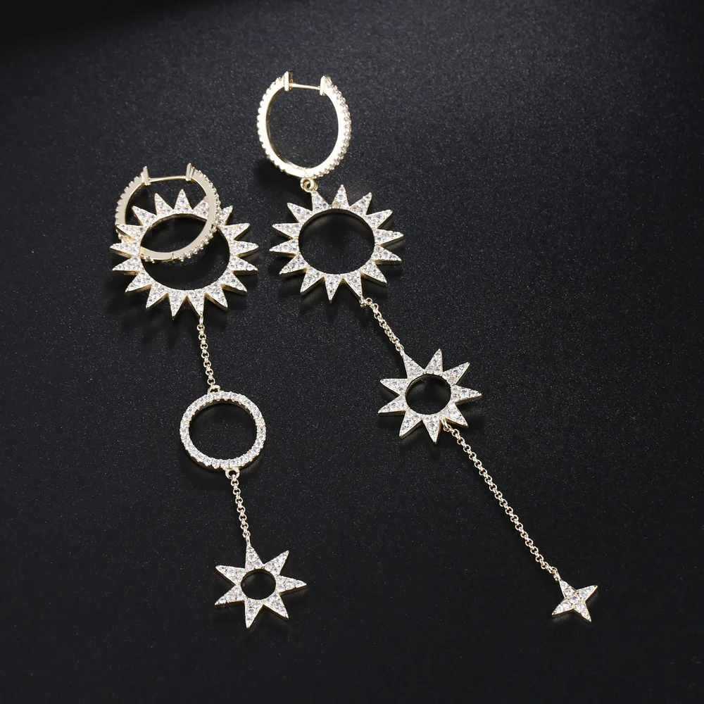 UNGODLY Luxury Sunflower Earrings Cubic Zirconia Star Gear Asymmetry Tassel Earring Set Fashion Gold Color Women Jewelry Gift | Украшения и