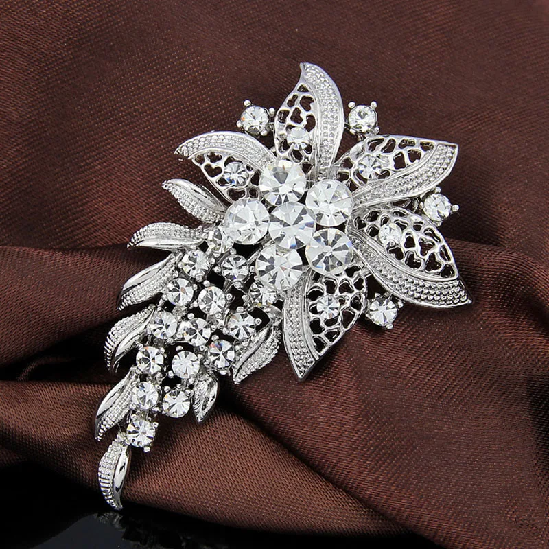 Skysuk винтажная серебряная брошь прозрачный горный хрусталь лист цветок булавка