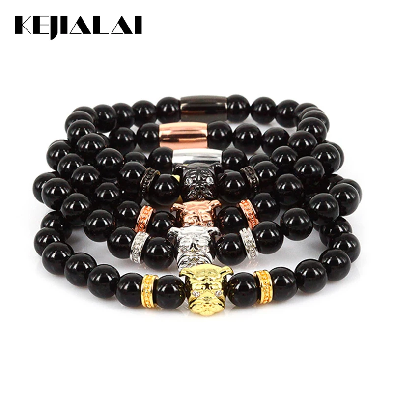 KEJIALAI Lucky Gem 2018 Fashion Men Jewelry Bulldog Charm Bracelet Women 8mm Black Stone Beads Pulseras Masculina Mantra Prayer | Украшения