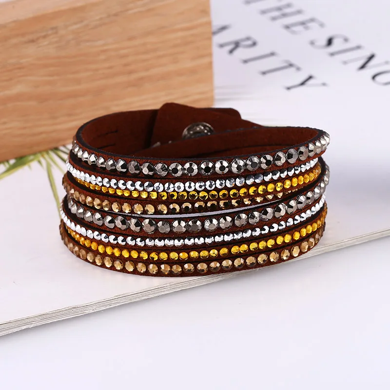 Brown Bracelet HOCOLE, винтажный кожаный браслет, многослойные браслеты для женщин, модные, кристалл, стразы, браслет, женский, для вечеринки, подарок, очаровательное ювелирное изделие - Окраска металла: Brown Bracelet