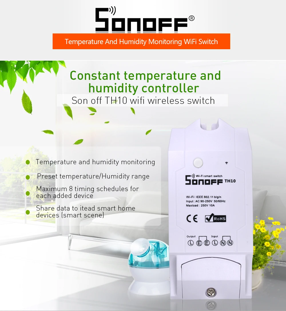 Itead Sonoff TH10 беспроводной wifi переключатель модули вспомогательный датчик температуры и влажности монитор для автоматизации умного дома 10A 2200W
