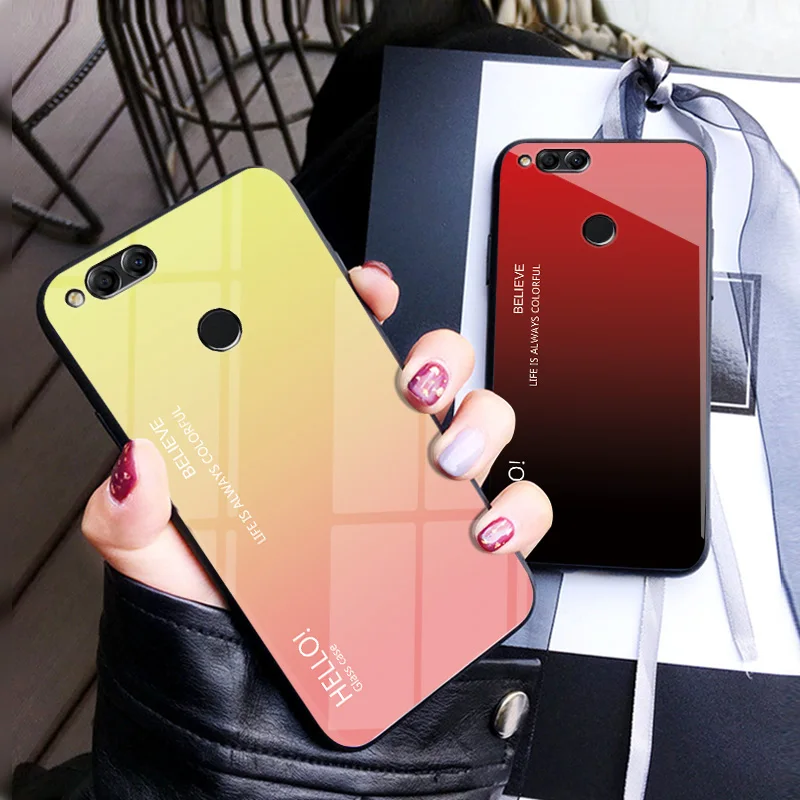 For Huawei Honor 7X Luxury Hard Gradient Tempered Glass Phone Protective Case for Back Cover Conque |