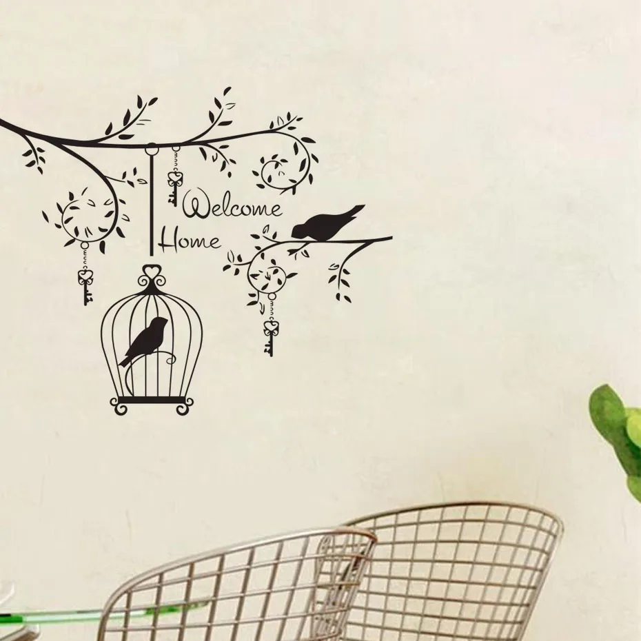 

ZOOYOO Welcome Home Wall Sticker Birds In The Tree Vinyl Home Decor Living Room Bedroom Decals Removable Bird Cage Decoration