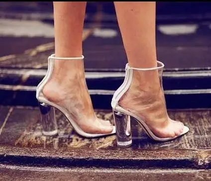 Designer Clear Plastic Boots See Through PVC Women Short Back Zipper Block Heel Transparent Ankle for |