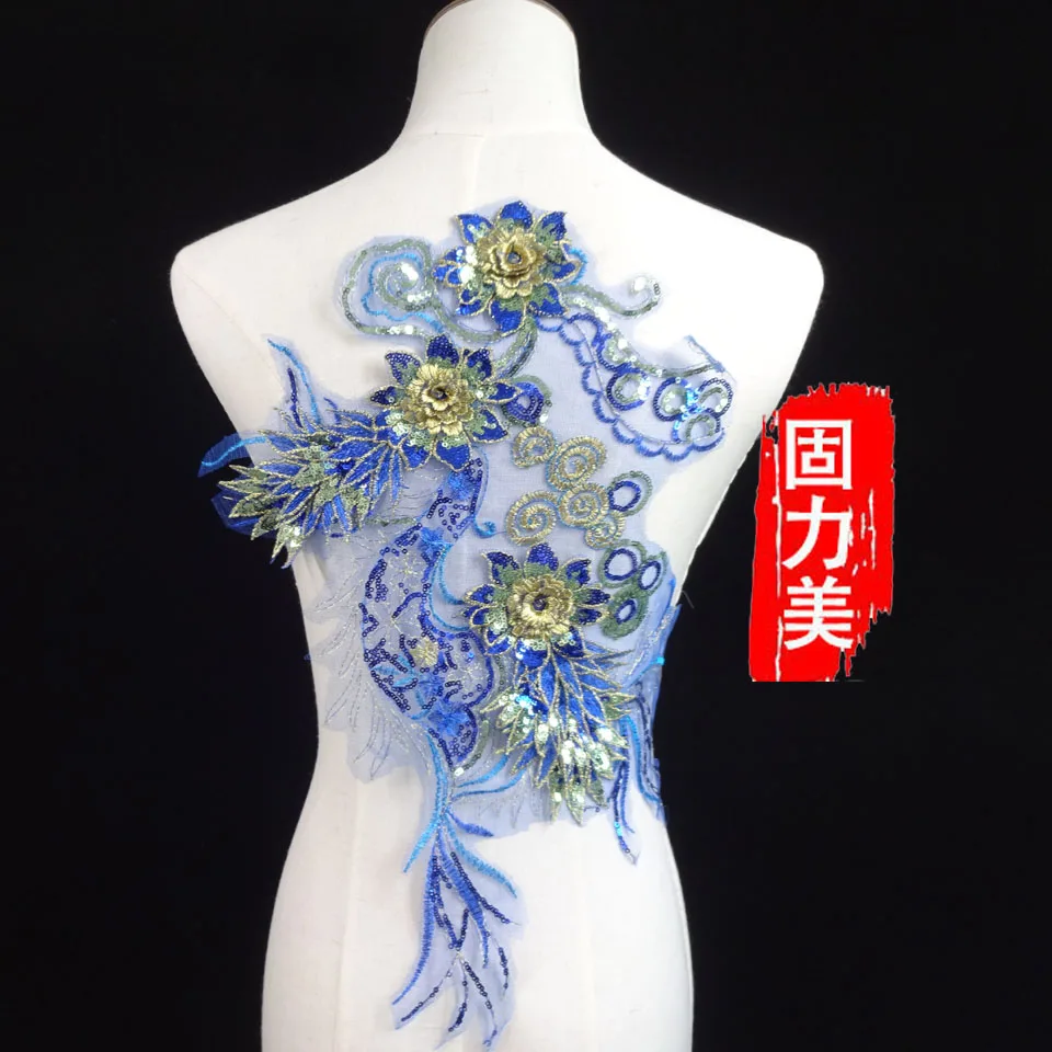 1pc sapphire gold blue red 3D luxury sequined Large Beaded Lace Applique Mesh Venise Bridal Trims evening sewing patch | Дом и сад