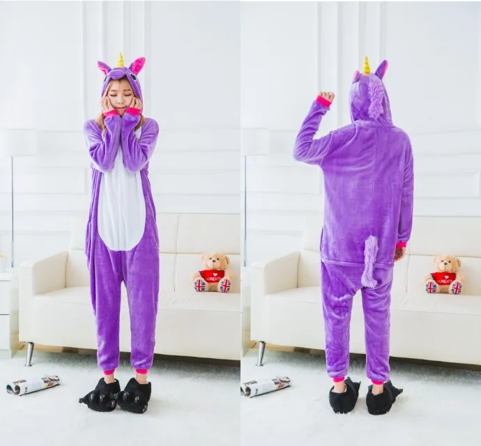 1404 purple unicorn Осенне-зимние пижамные комплекты с единорогом, пижамы с героями мультфильмов, женская пижама, теплая Фланелевая пижама с изображением животных, зебры, стежка, пижамы с единорогом, кигуруми - Цвет: 1404 purple unicorn