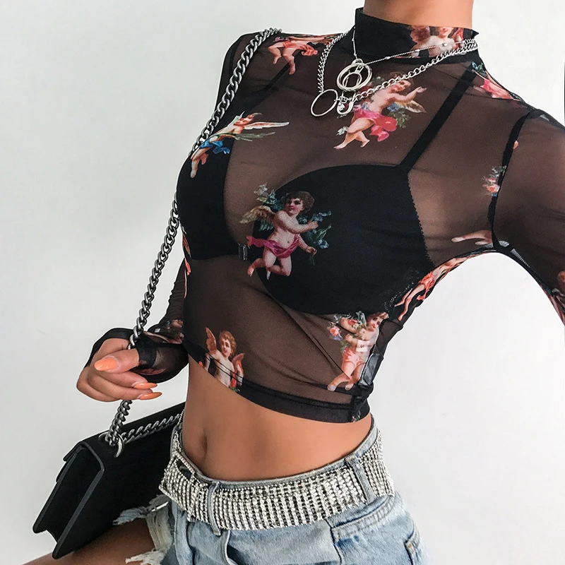 Women See Through Transparent Mesh Tops Long Sleeve Sheer Slim Ladies Sexy T-Shirt 2020 New Arrival T Shirt Camiseta | Женская одежда