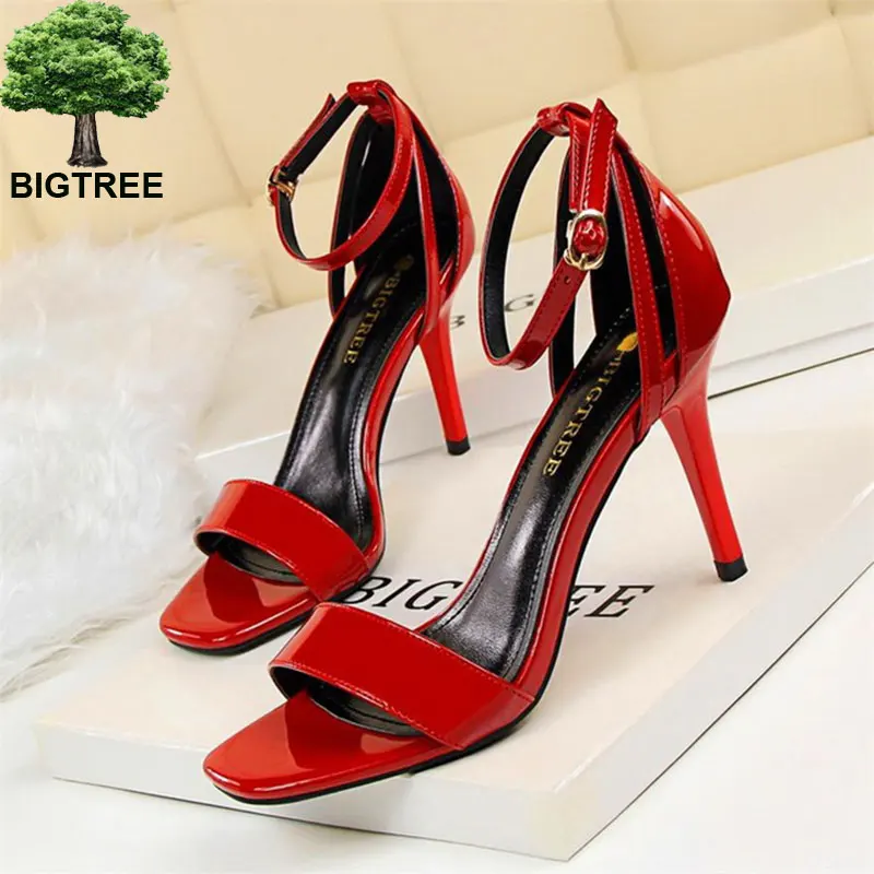 

BIGTREE New Concise Peep Toe Buckle OL Office Shoes Women Sandals Solid Patent Leather High Heels Show Thin Brand Women's Shoes