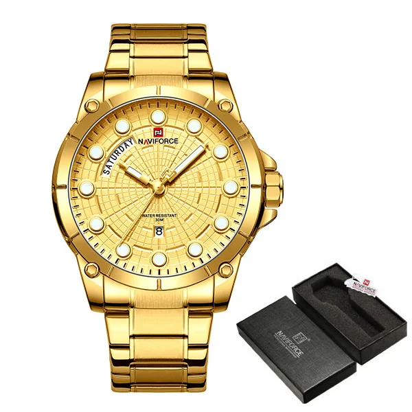 GoldWithBox NAVIFORCE Брендовые повседневные часы с датой, роскошные коричневые мужские часы из нержавеющей стали, мужские наручные часы, спортивные часы, мужские часы - Цвет: GoldWithBox
