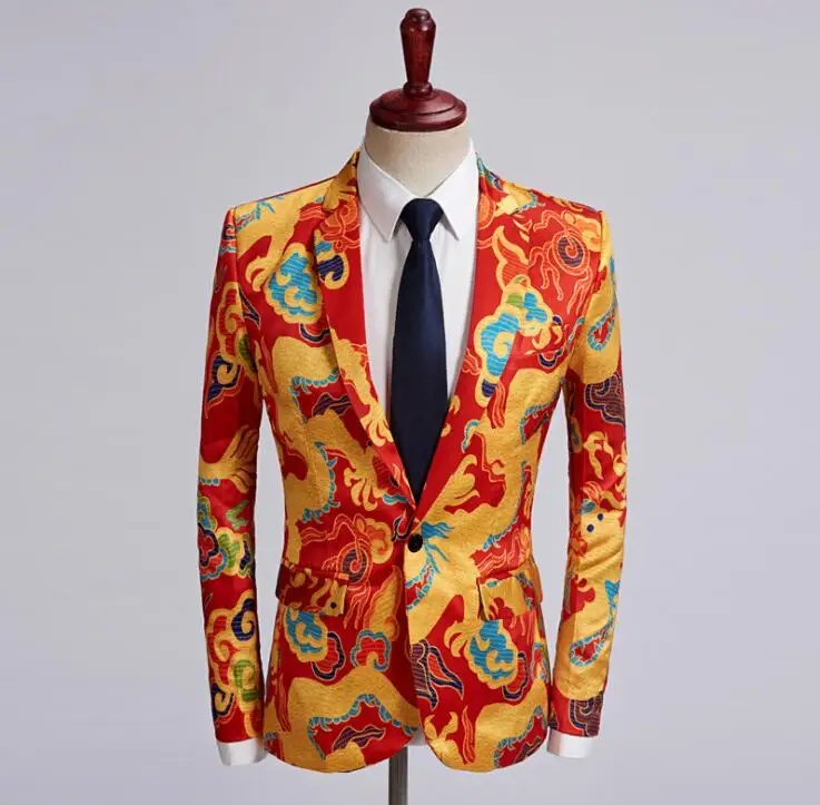 Red Dragon pattern groom wedding suit men printing blazer boys prom mariage suits mens slim masculino latest coat pant designs