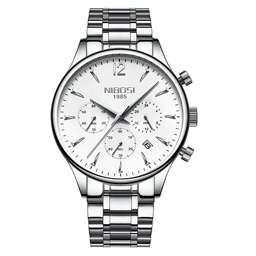 Silver White Steel NIBOSI часы мужские стиль Для мужчин часы Для мужчин модные повседневные платья часы военные Кварцевые наручные часы Saat роскошные часы для мужчин - Цвет: Silver White Steel