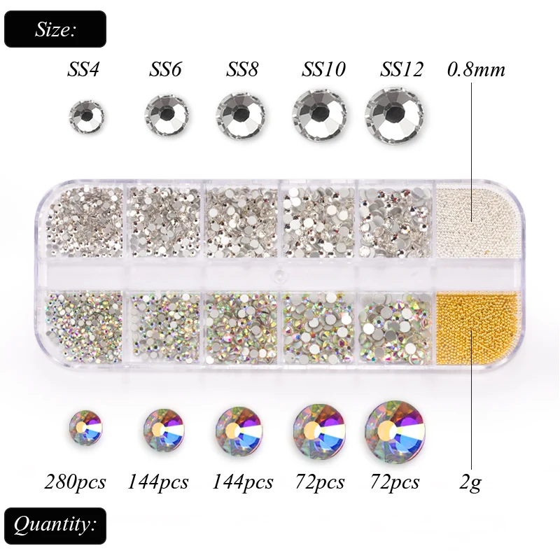 1 Box Double Colorful Mixed Size Strass Crystal Glass Rhinestone With Metal Beads Nail Rhinestones For Nails Art Decorations