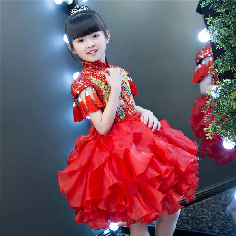Красные платья принцессы Qipao для девочек Модное детское китайское платье