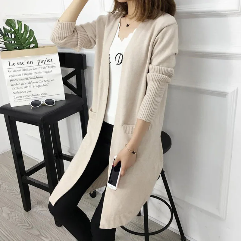 Women Autumn Open Stitch Cardigan 7 Colors Available Knitted High Quality Ladies Outwear Sweater Long Cardigans - Цвет: Apricot