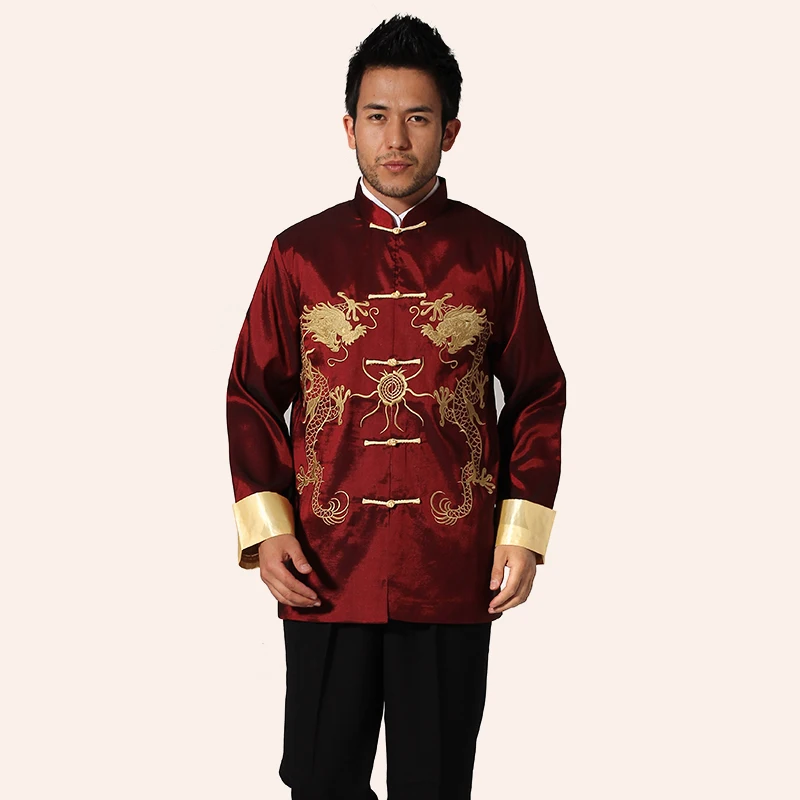 Модные тренды Бургундия мужской костюм Тан китайский стиль Wu Shu куртка Мандарин