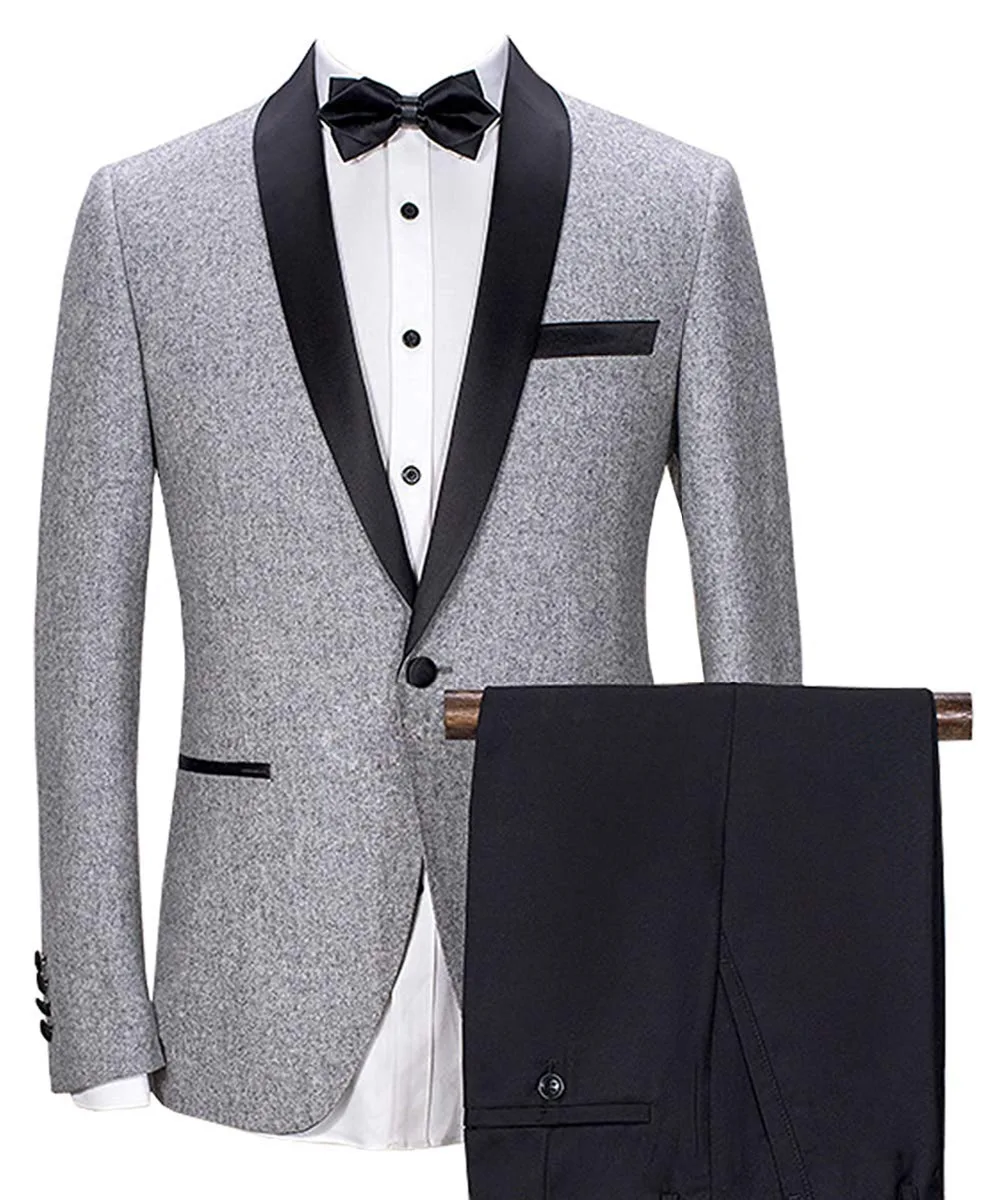 Men Suit 2 Pieces Shawl Lapel Mens Suit Sets Wool / Tweed Tuxedos Bridegroom One Button New For Wedding (Blazer +Pants)