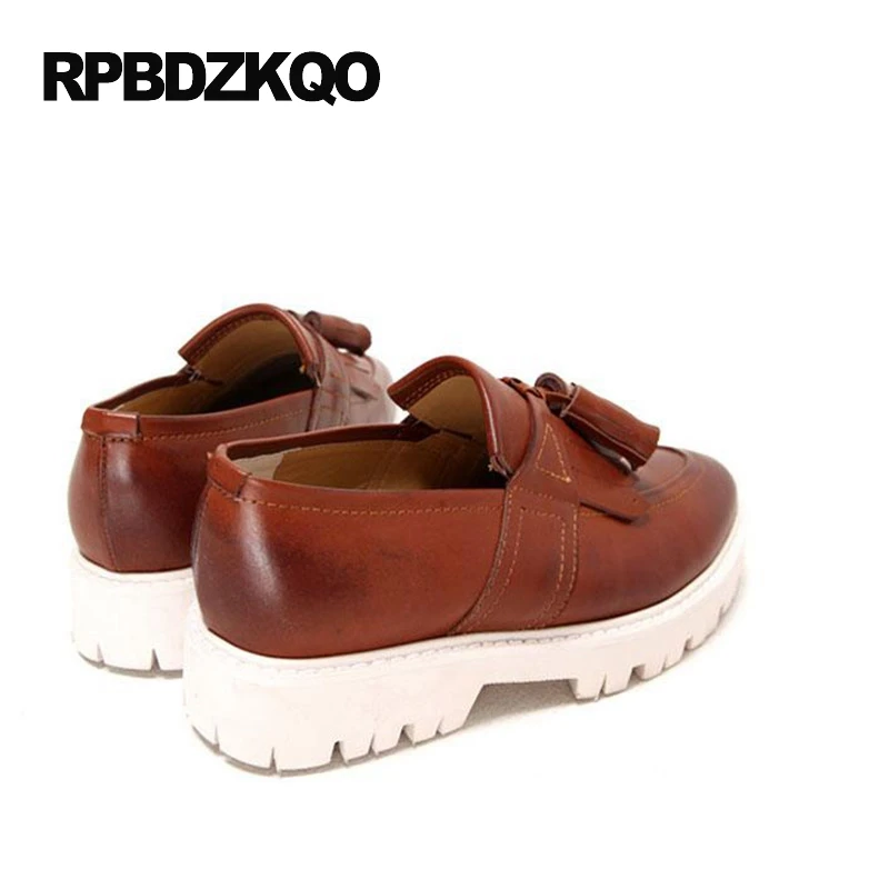 настоящая кожа черный криперы резиновая подошва люди кисточка мода коричневый