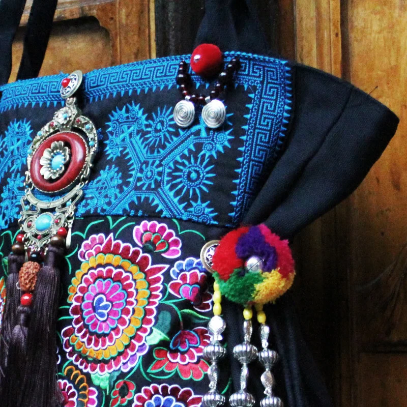 Супер большой 50 см Этническая сумка с вышивкой Hmong Boho Thai Tassel Вышитые Сумки
