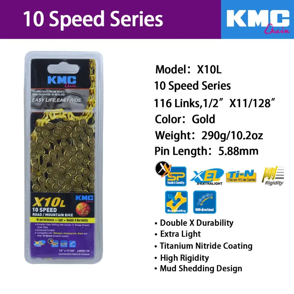 KMC X11 X10 велосипедная цепь 9S 10S 11S велосипедная цепь 116L с оригинальной коробкой и волшебной кнопкой для горных/велосипедных частей - Цвет: X10L-Gold