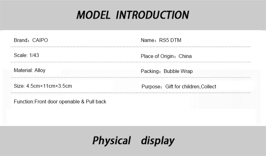 Новое поступление Caipo 1:43 RS5 DTM литая под давлением модель автомобиля игрушка с вытягиванием назад/для детей Подарки/обучающая игрушка Коллекция
