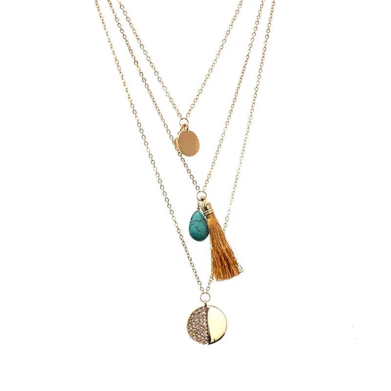 XQ 2015 free shipping Multilayer gold thread broken personality necklace Three layers of water droplets green pine | Украшения и
