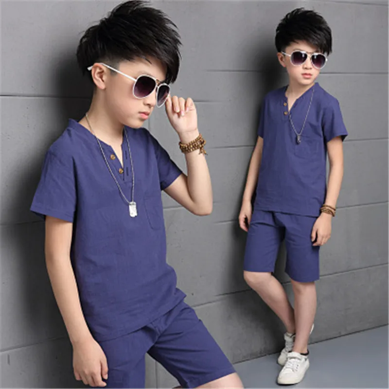 fashion Children Boys Clothing Sets Comfortable linen T-Shirt + Shorts kids school party Home pajamas two-piece Suits AA3592 |
