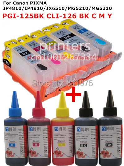 

For CANON PIXMA IP4810 IP4910 IX6510 MG5210 MG5310 printer PGI125 CLI-126 refillable ink cartridge+ 5 Color Dye Ink 500ml