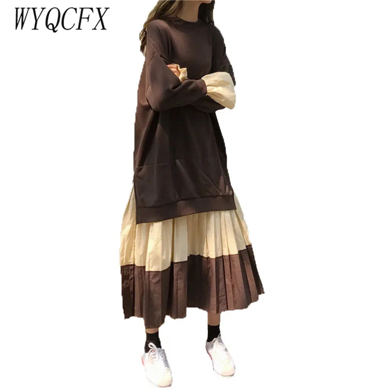 WYQCFX 2019 женское элегантное платье Осень зима пэтчворк имитация двух частей