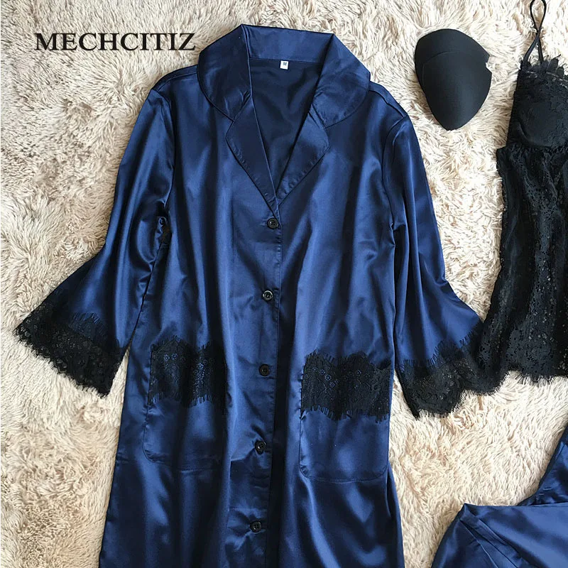 MECHCITIZ 2019 Three Piece Silk Pajamas Sets For Women Robe Sling Pants Stripe Pyjamas Spring Warm Long Sleeve Sleepwear Lounge | Женская