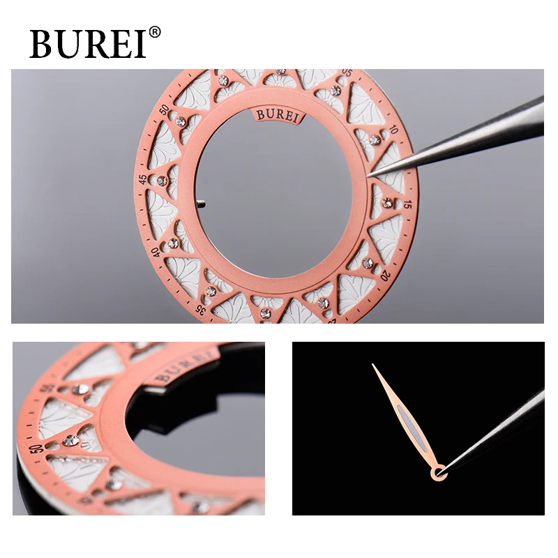 BUREI женской моды сапфир платье часы роскошные скелет из натуральной кожи