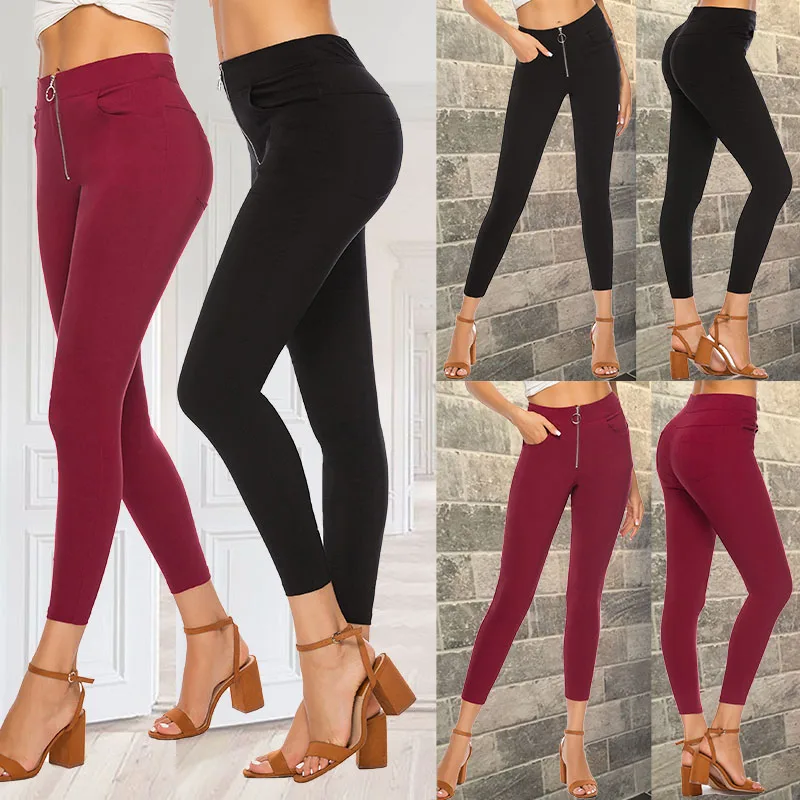 Женские эластичные леггинсы на молнии спортивные брюки черного/винного цвета с