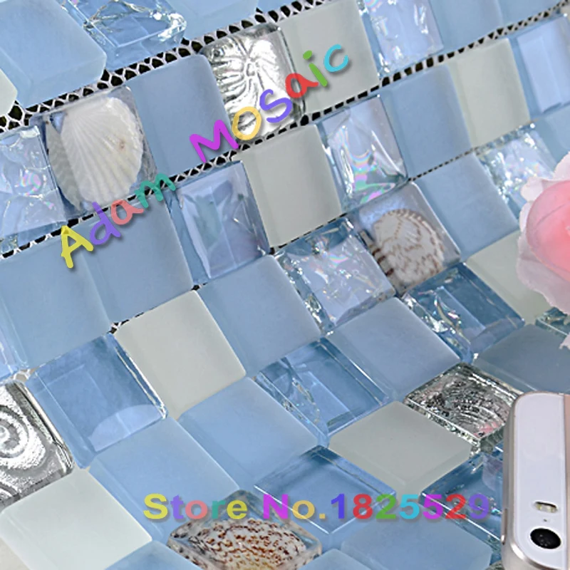Синий Белый морские раковины плитки Squared Стекло Внутренняя Раковины Плитка