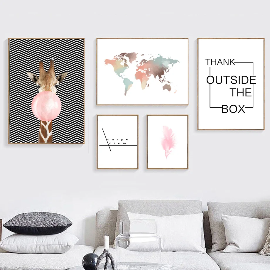 

World Map Giraffe Feather Landscape Wall Art Canvas Painting Nordic Posters And Prints Wall Pictures For Living Room Home Decor