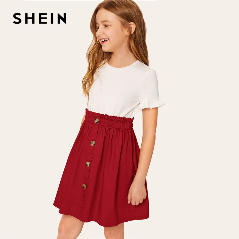 SHEIN/детское Повседневное платье для девочек с двумя пуговицами и рюшами спереди; коллекция года; летнее короткое расклешенное платье с рукавами-воланами и цветными блоками