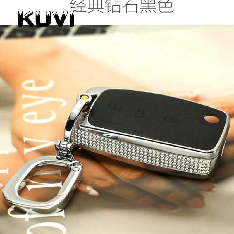 black with keychain1 Алмазный Кожаный чехол для ключей автомобиля, чехол для ключей автомобиля, подходит для Фольксваген Шкода гольф7 Поло Tiguan Passat Jetta MK5 MK6 T5 Beetle и т. д - Название цвета: black with keychain1