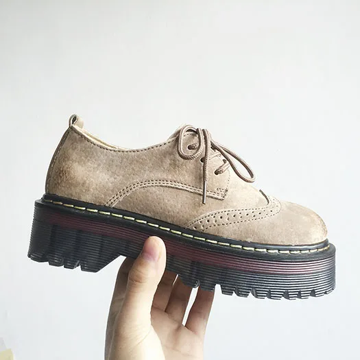 Khaki Brogue Лифт Muffin грубый башмак дизайнер Настоящая кожа Толстая подошва криперы платформе марочный женская обувь оксфорды плоские зашнуровать зима европейская отправка капель красивая весенняя осень последние Мода - Цвет: Khaki Brogue