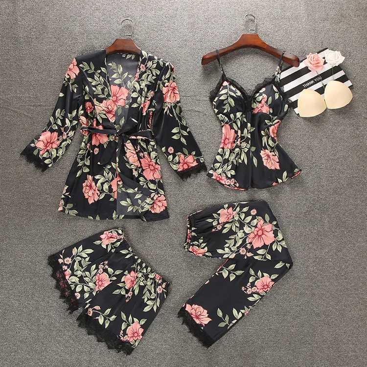 

4 Pieces Ladies Sexy Silk Satin Sleepwear Set Floral Pajama Set Fashion Nightwear Set Robe+Slip top+Pant+Shorts Solf Homewear