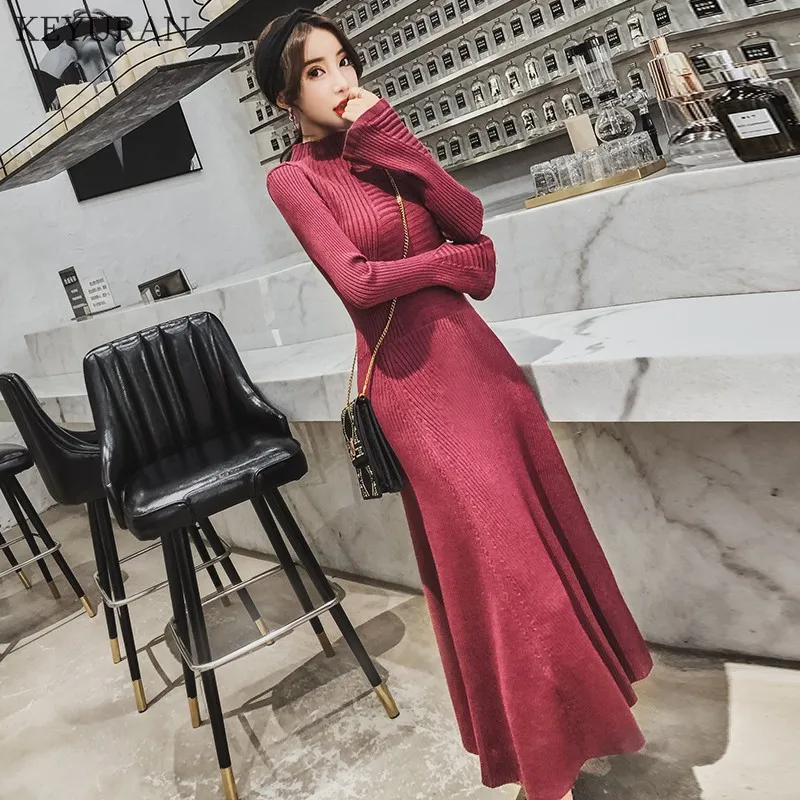 2020 Women Autumn Winter Sweater Long Dress Elegant Sweet Ruffles Sleeve Knitted Bodycon Prom Party Dresses Slim Vestidos | Женская