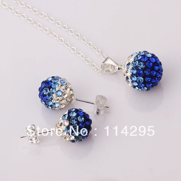 New Shamballa Jewelry Set Unique Gradient CZ Disco Pave Crystal Ball Pendant Necklace+Stud Earrings+925 Silver Chains | Украшения и