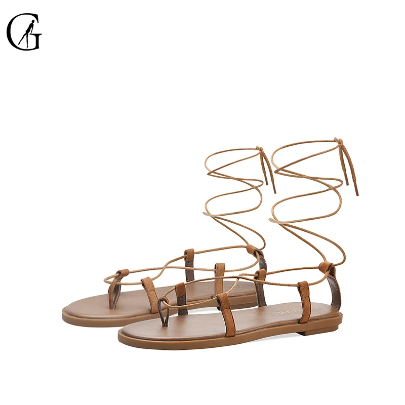 

GOXEOU Women's Sandals Flock Black Brown Roman Ancient Greek Gladiator Strap Cord Beach Flats Party Office Lady Shose Size 32-46